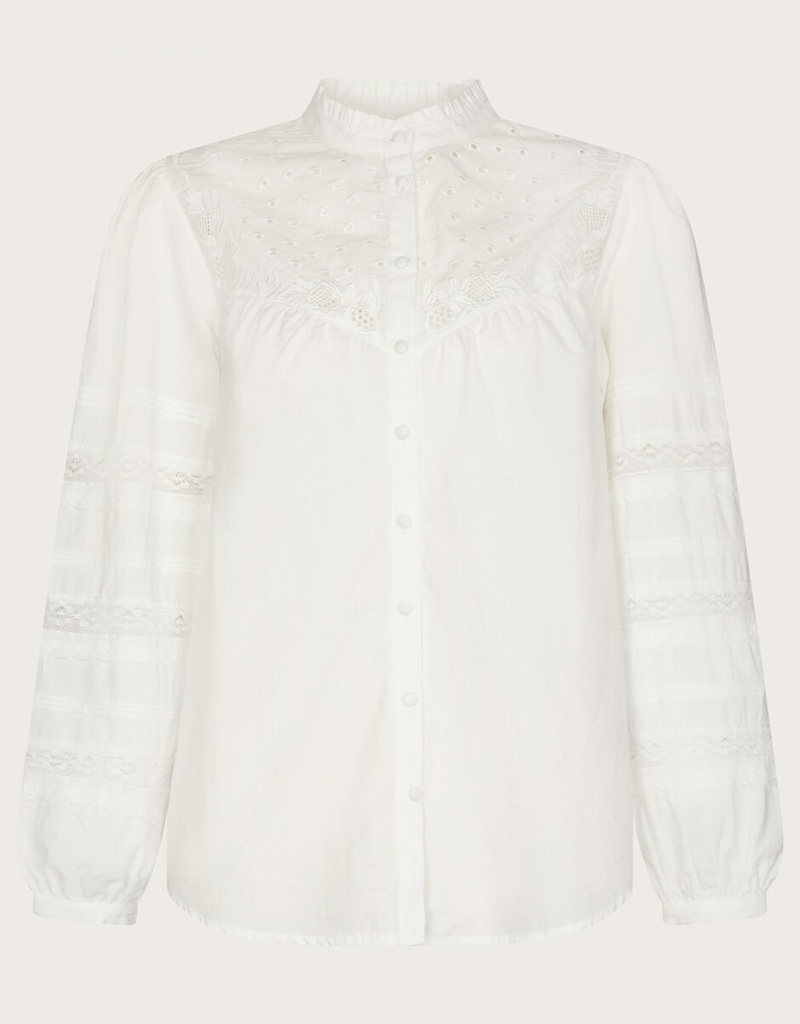 White Women's Monsoon Bronwyn Broderie Pintuck Embroidered Blouse | XBS-2257