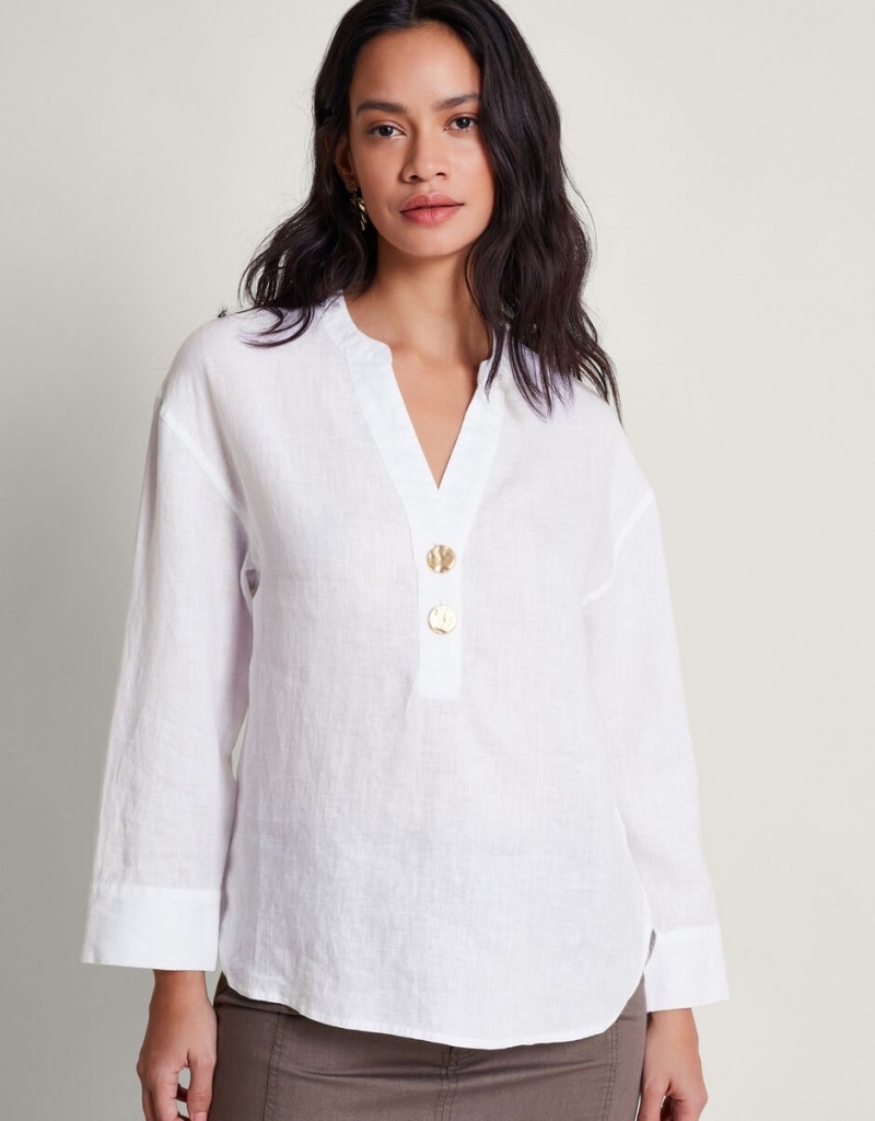 White Women's Monsoon Camille Button Linen Tops | ENN-1007