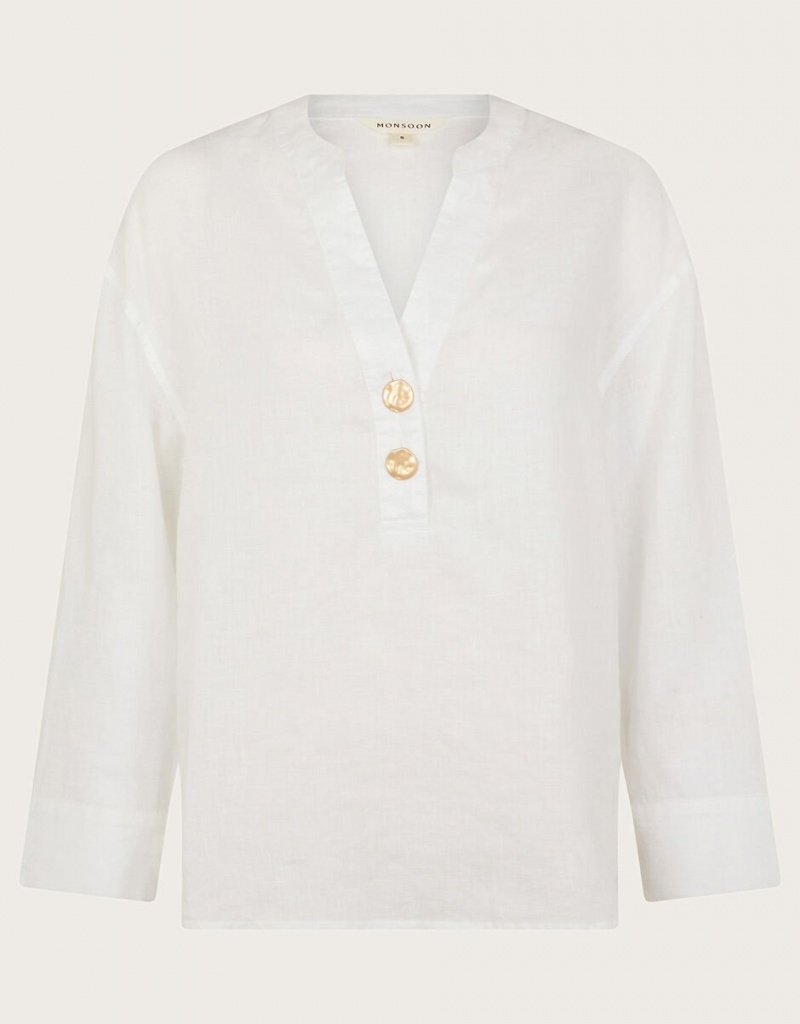 White Women's Monsoon Camille Button Linen Tops | ENN-1007