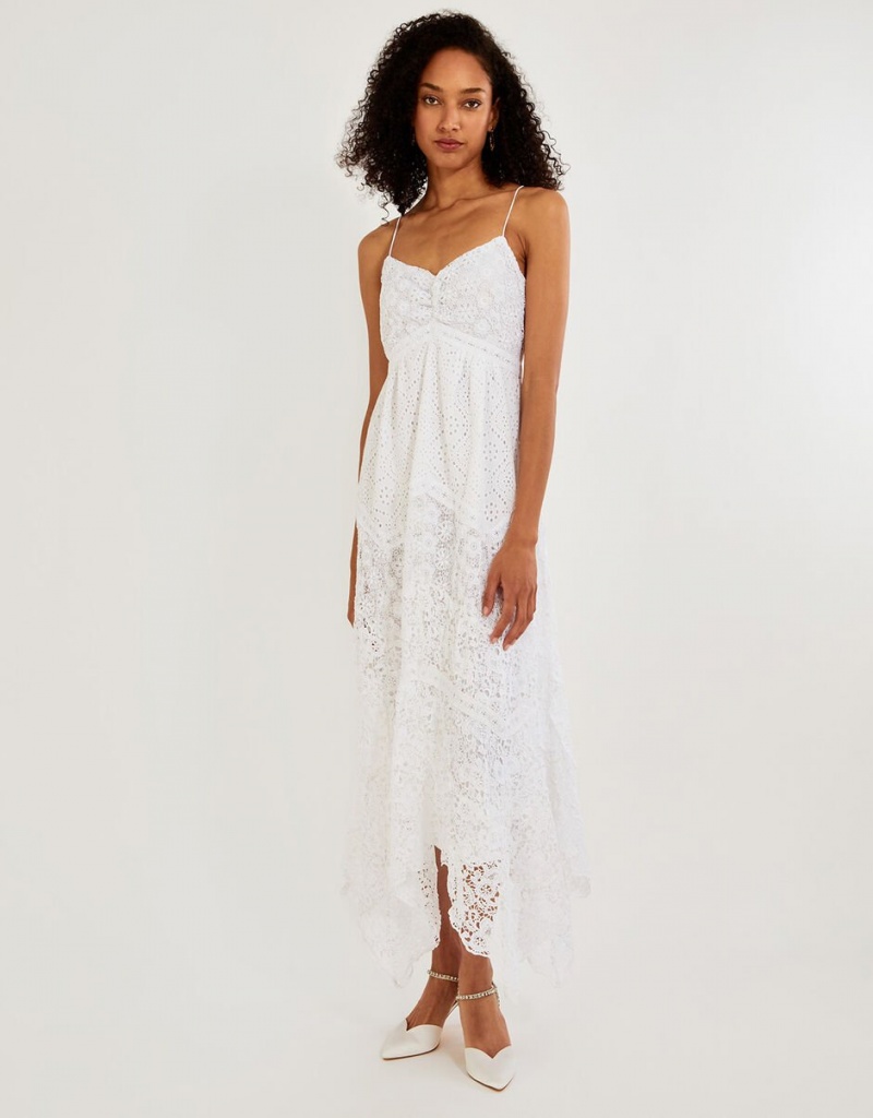 White Women\'s Monsoon Carla Lace Hanky Hem Bridal Maxi Dress | DAR-9826