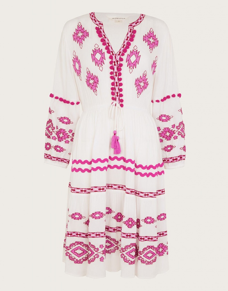 White Women's Monsoon Catia Embroidered Kaftans | IXA-9577