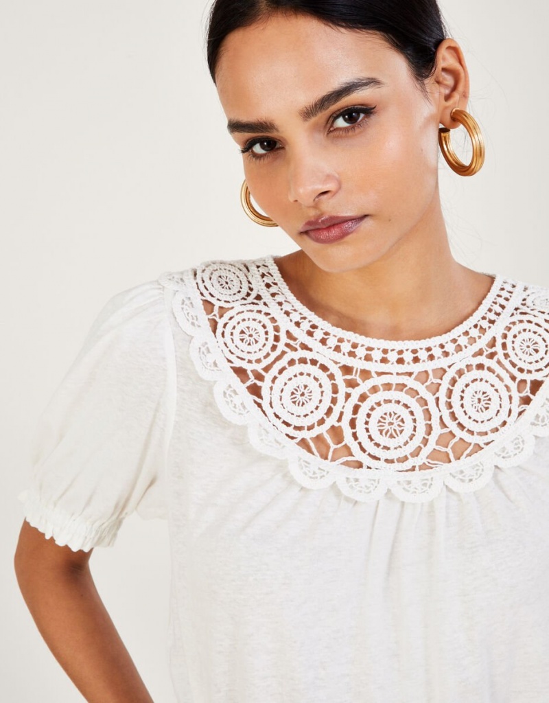 White Women's Monsoon Crochet Frill Sleeve in Linen Blend Tops | HYE-0738