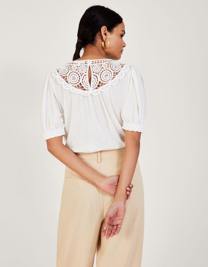 White Women's Monsoon Crochet Frill Sleeve in Linen Blend Tops | HYE-0738