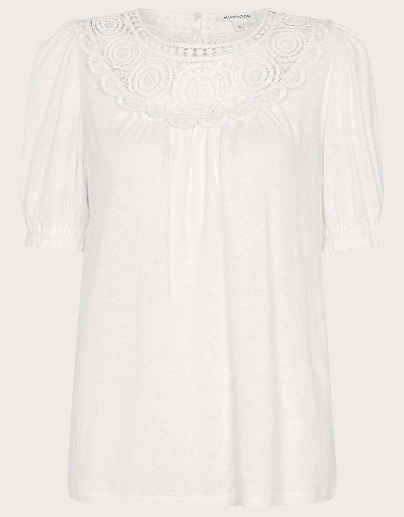 White Women's Monsoon Crochet Frill Sleeve in Linen Blend Tops | HYE-0738