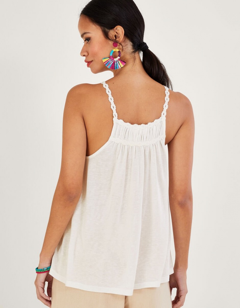 White Women's Monsoon Crochet Trim Jersey Cami Tops | TQR-6772