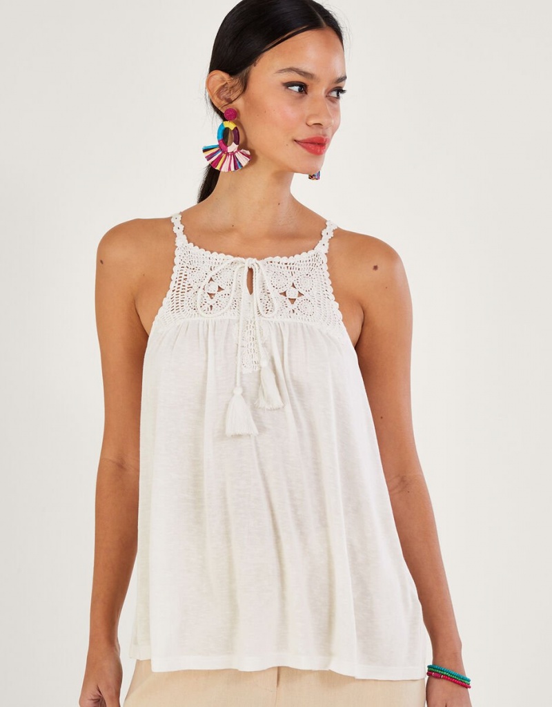 White Women\'s Monsoon Crochet Trim Jersey Cami Tops | TQR-6772