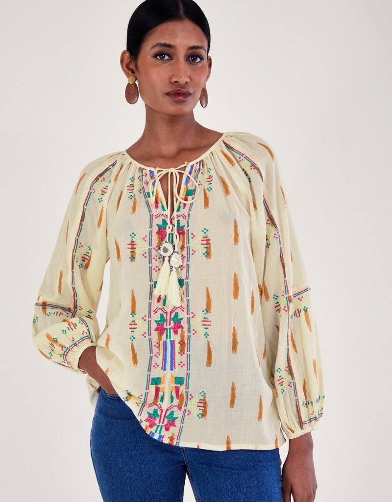 White Women's Monsoon Embroidered Aztec Tops | WBJ-7138