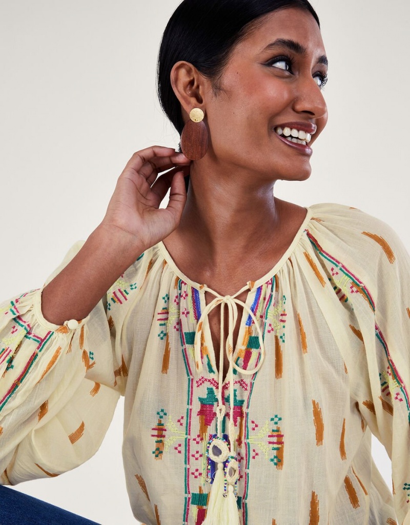 White Women's Monsoon Embroidered Aztec Tops | WBJ-7138