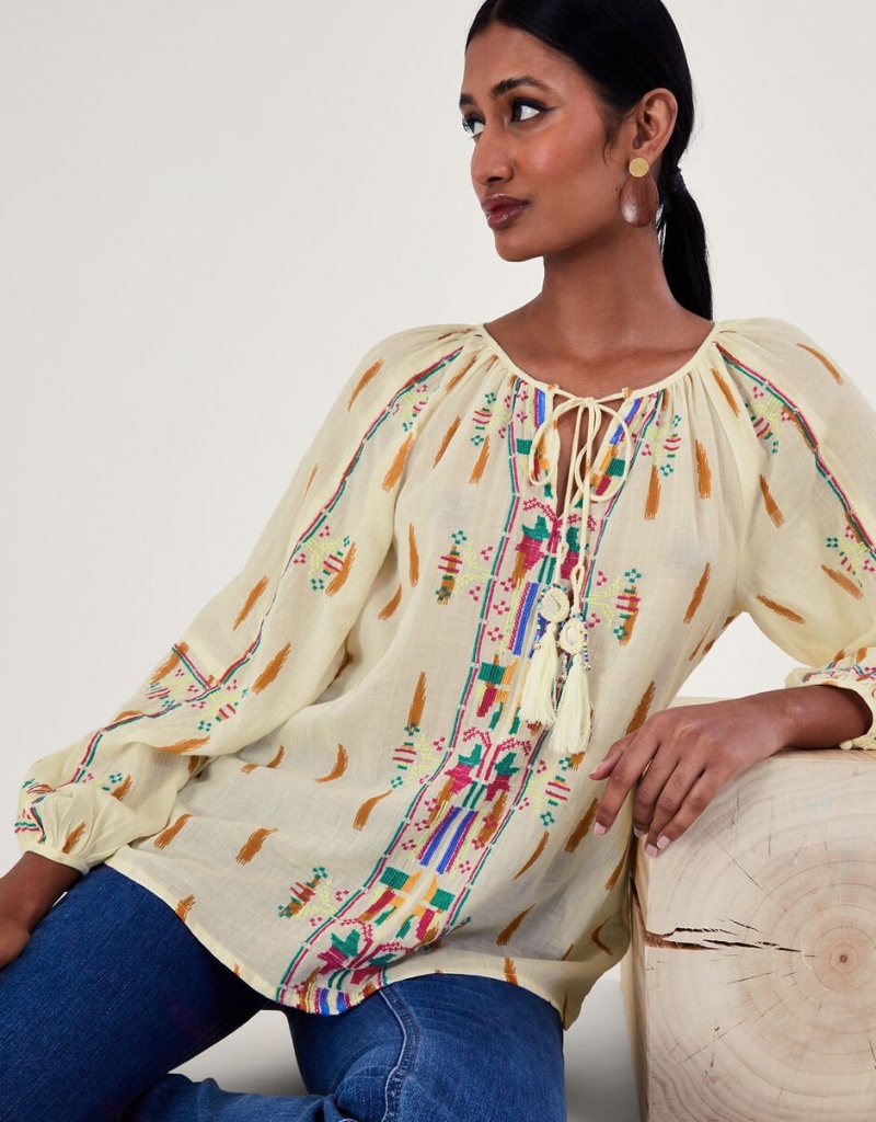 White Women\'s Monsoon Embroidered Aztec Tops | WBJ-7138