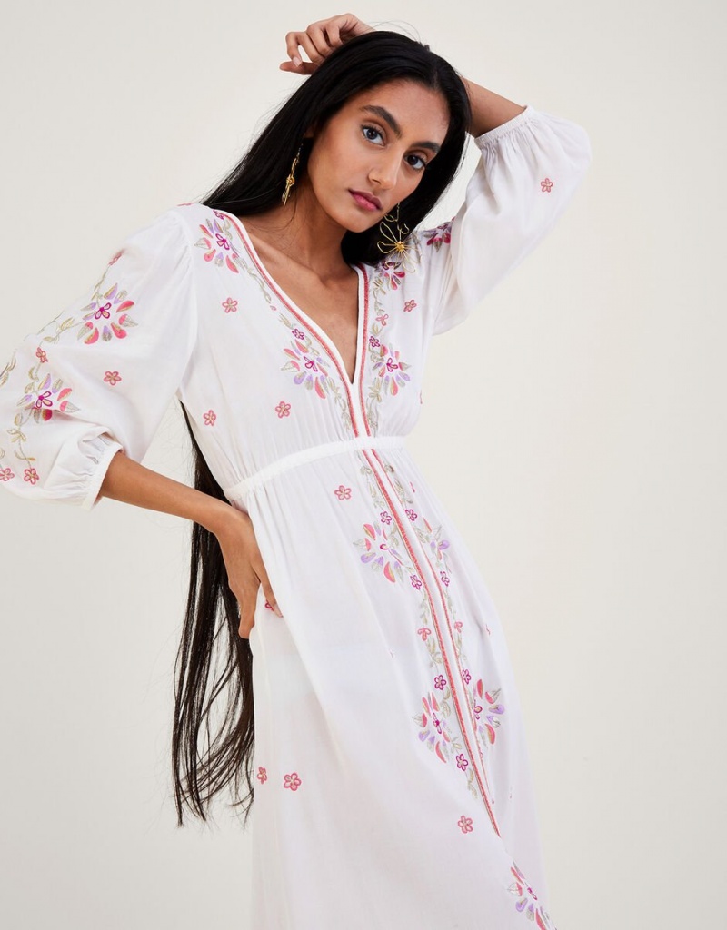 White Women's Monsoon Embroidered Maxi Kaftan in LENZING™ ECOVERO™ Dress | VIW-9713