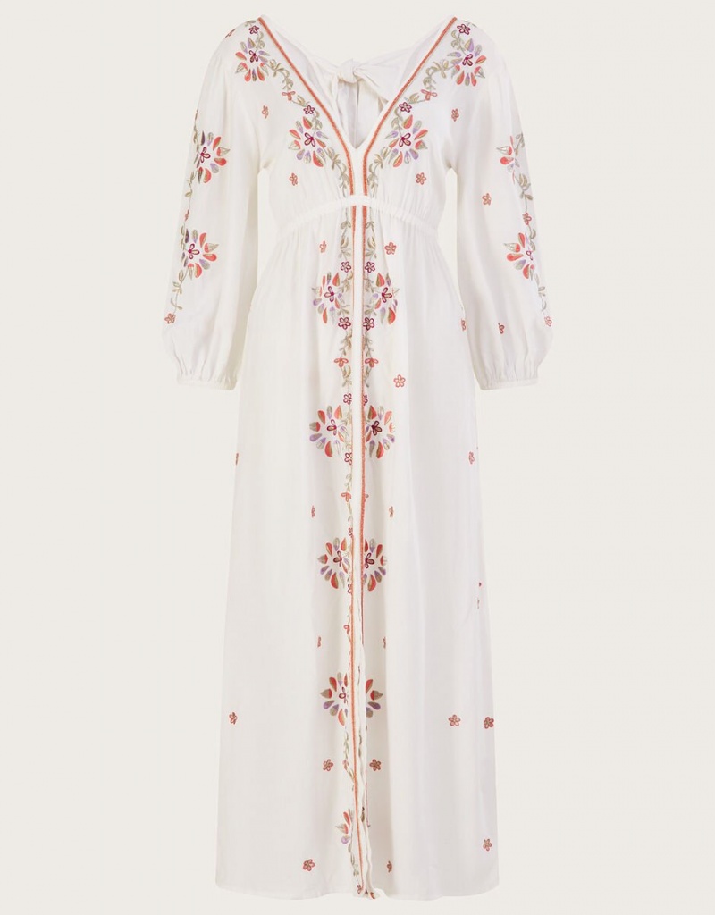 White Women's Monsoon Embroidered Maxi Kaftan in LENZING™ ECOVERO™ Dress | VIW-9713