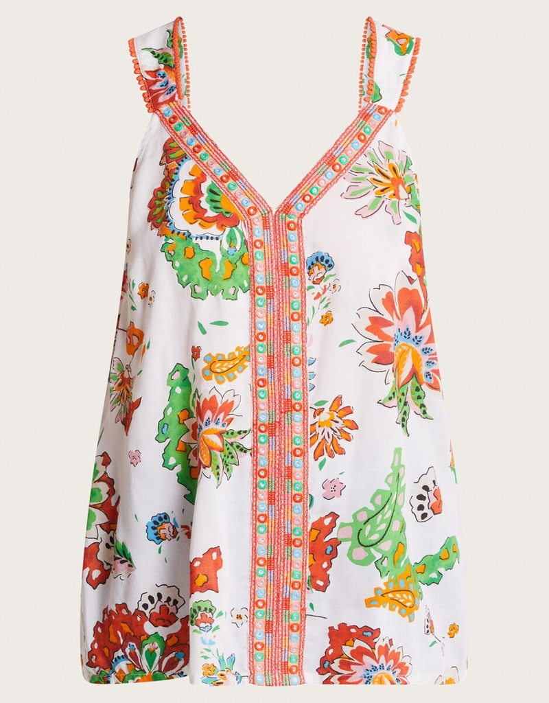 White Women's Monsoon Embroidered Print Cami Tops | EHP-9624