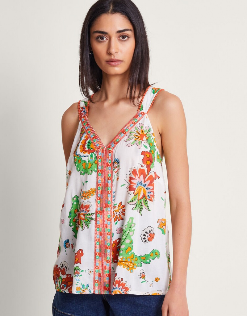 White Women\'s Monsoon Embroidered Print Cami Tops | EHP-9624