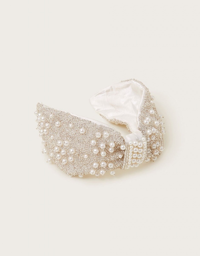 White Women's Monsoon Fabric Pearl Knot Headband | YIA-4030