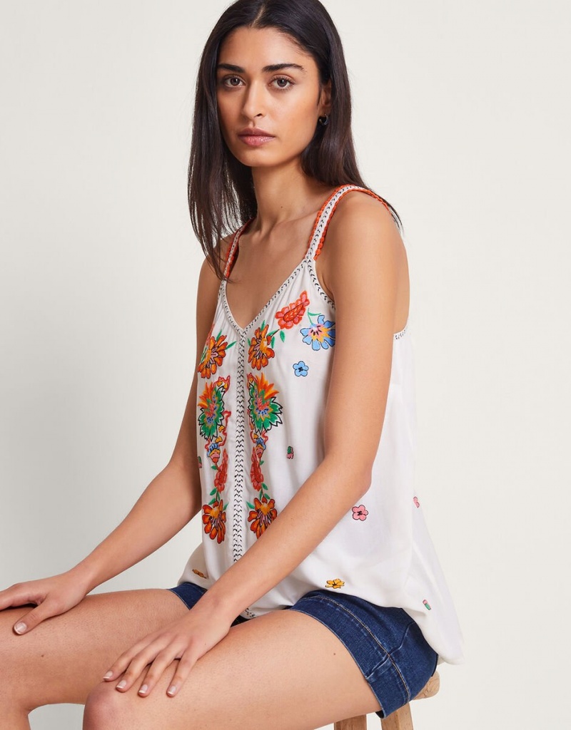 White Women\'s Monsoon Felicity Embroidered Cami Tops | PWT-0467