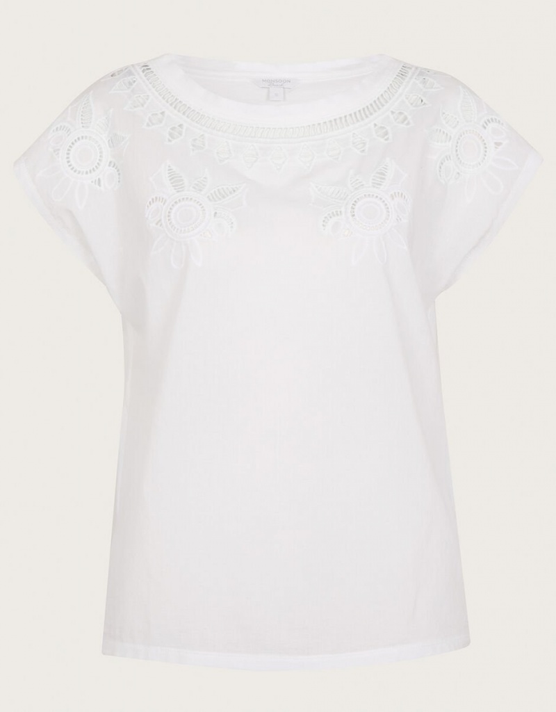 White Women's Monsoon Floral Cut-Out T-Shirt | PPQ-5515