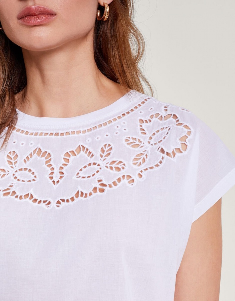 White Women's Monsoon Garcia Cutwork T-Shirt | NDG-9054