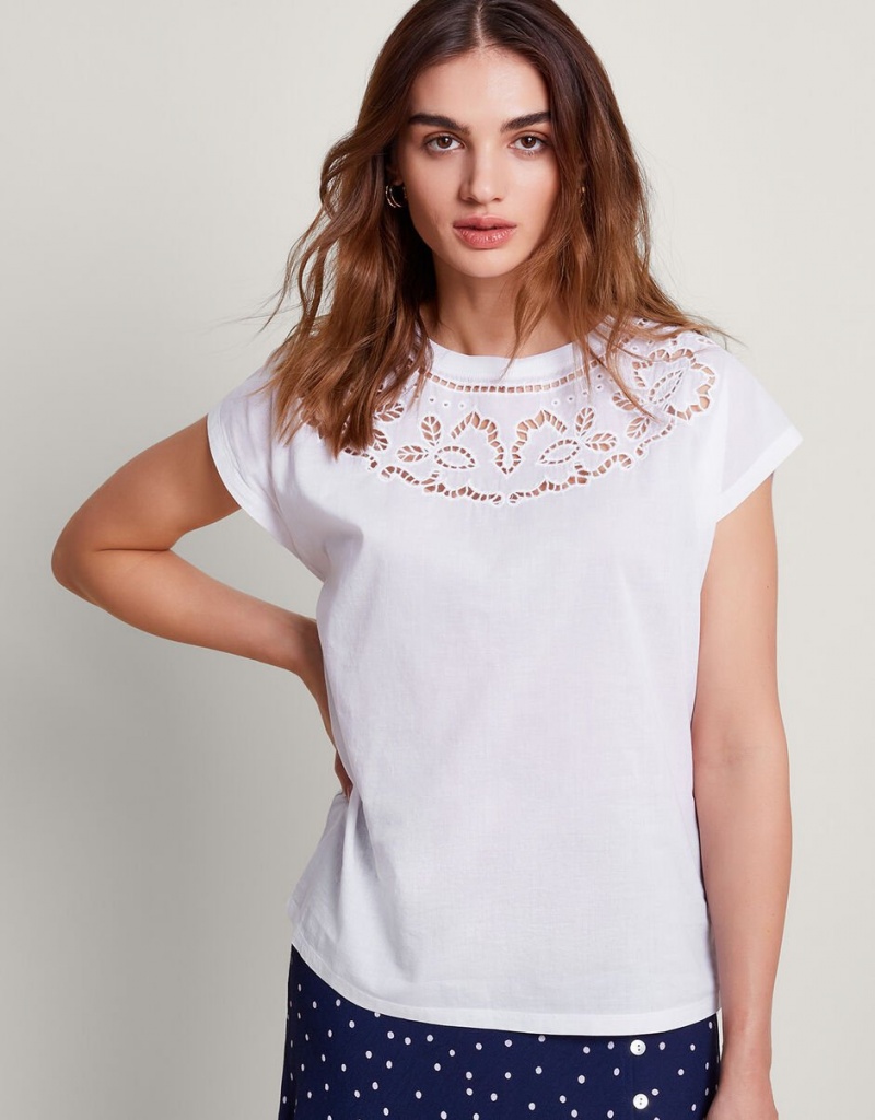 White Women\'s Monsoon Garcia Cutwork T-Shirt | NDG-9054