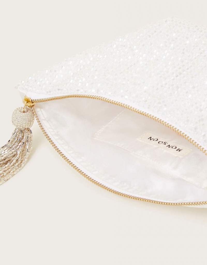 White Women's Monsoon Hand-Beaded Zip Pouch Bags | KHA-6711