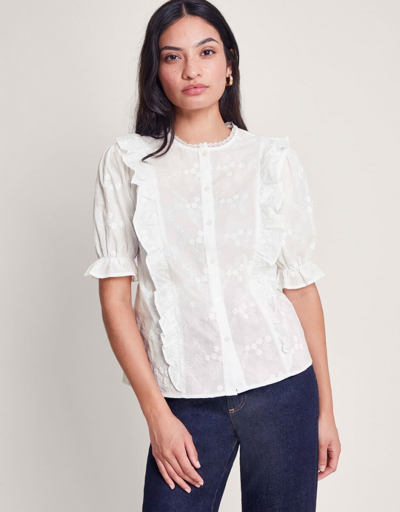 White Women's Monsoon Iris Embroidered Blouse | PAP-8160