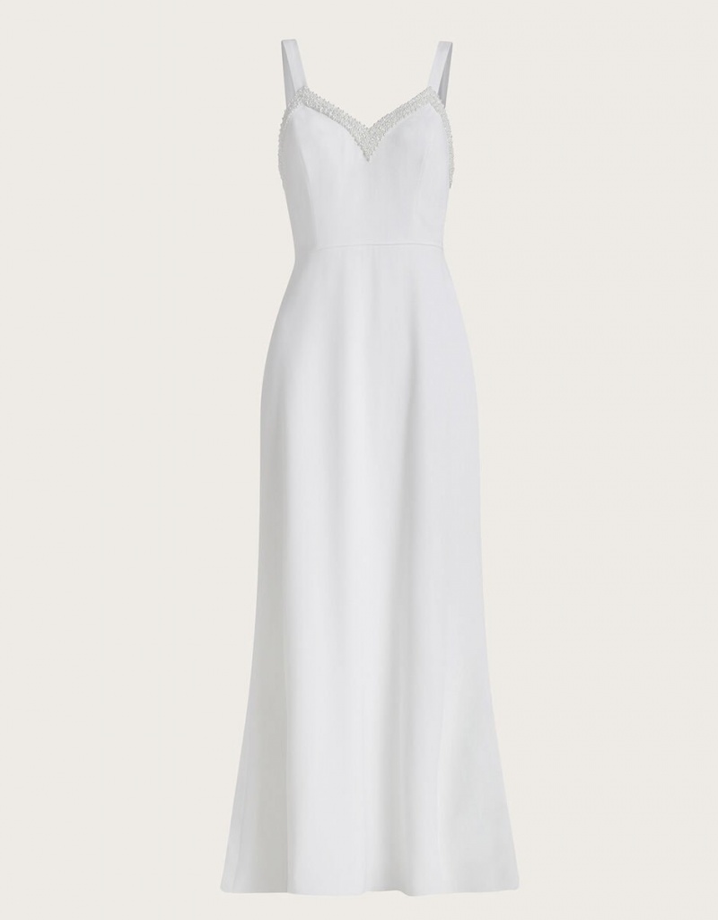 White Women's Monsoon Kate Pearl Trim Bridal Dress | UNP-7109