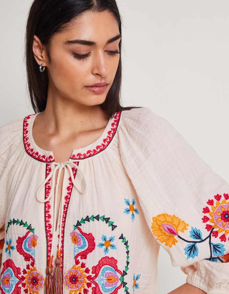 White Women's Monsoon Opal Embroidered Kaftans | JSX-3886