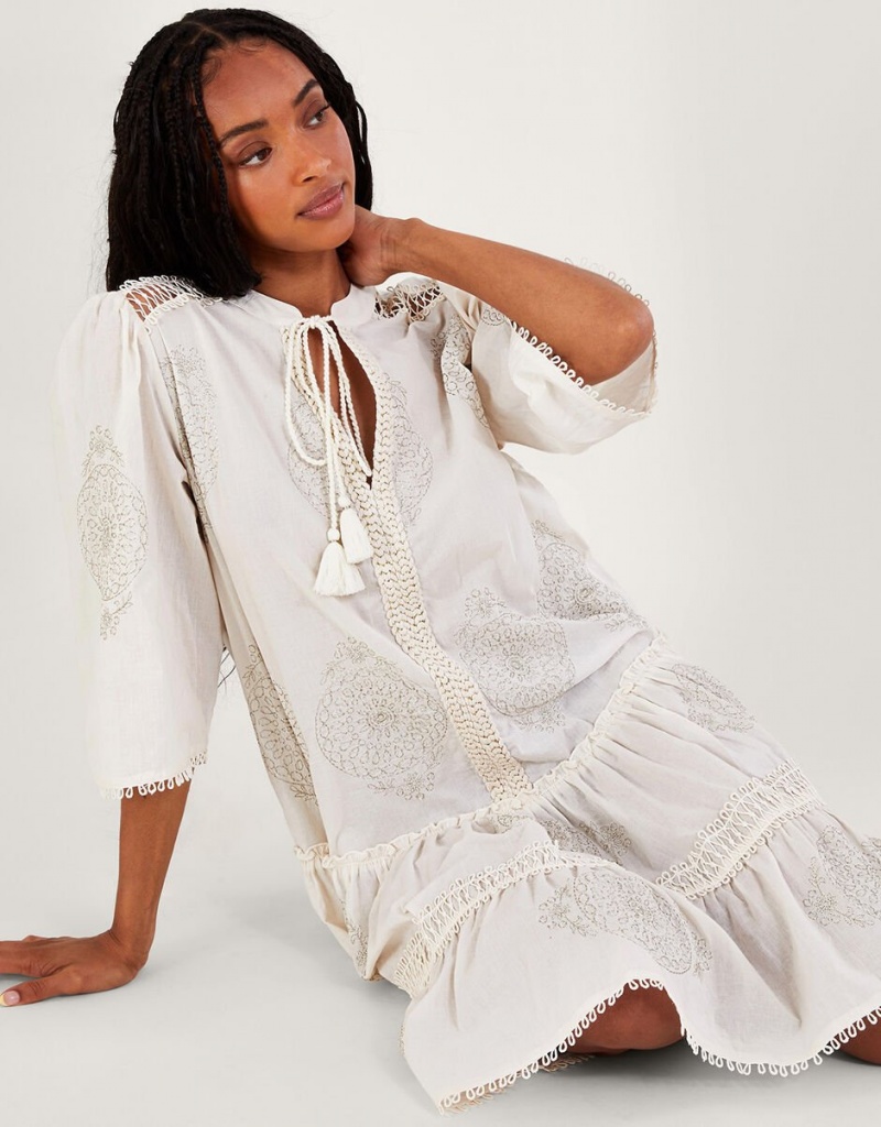 White Women's Monsoon Penny Embroidered Kaftans | LWD-9472