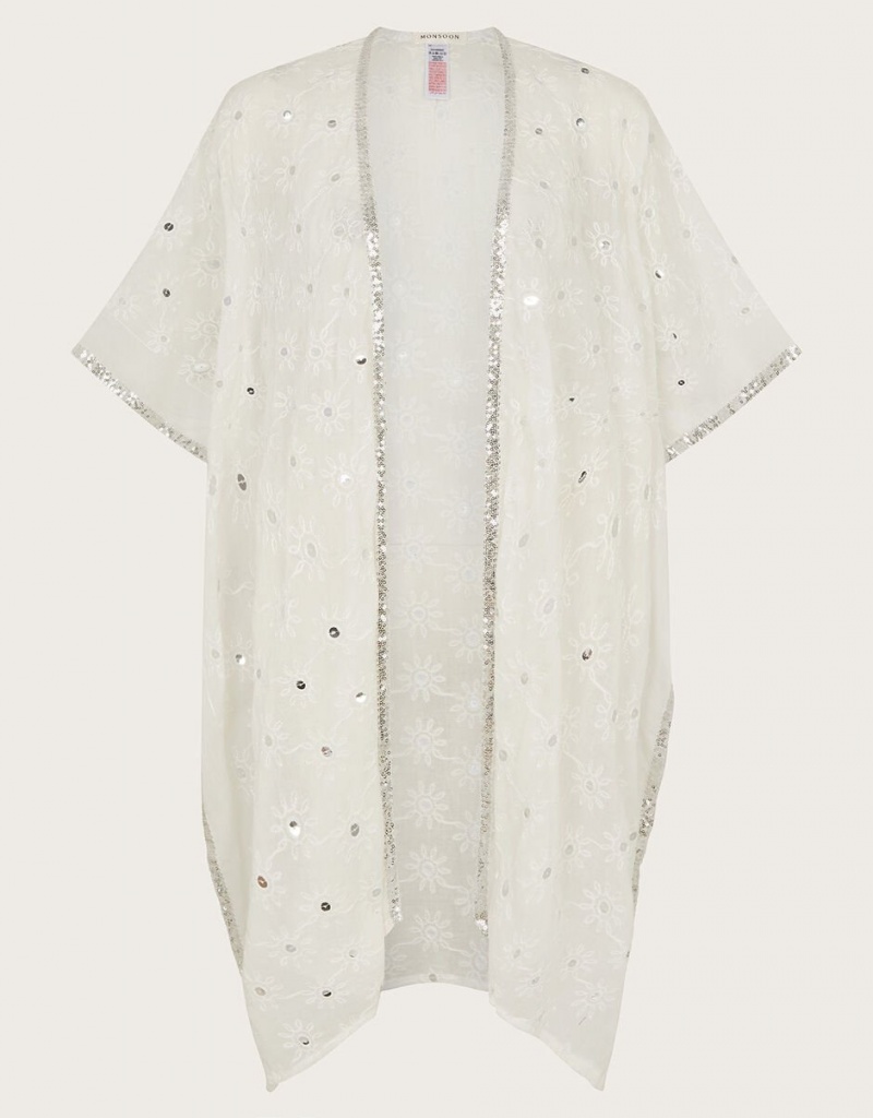 White Women's Monsoon Sequin Embellished Kimono Swimwear | MXY-1266