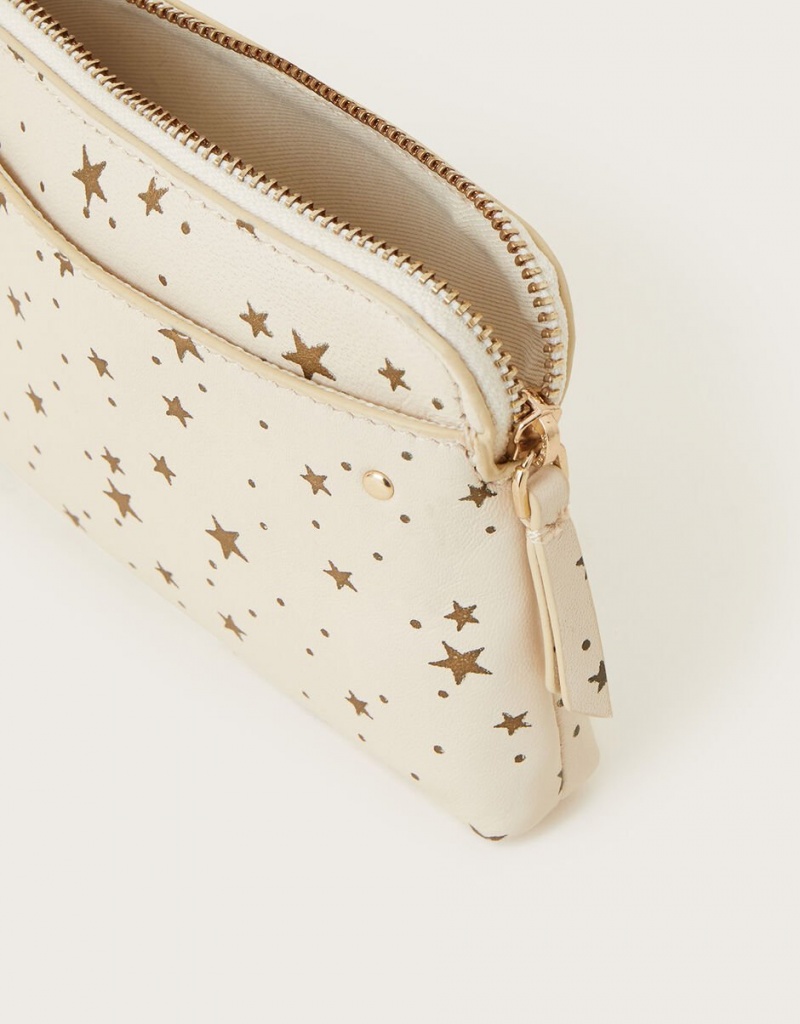 White Women's Monsoon Star Print Large Leather Pouch Bags | TFA-8418