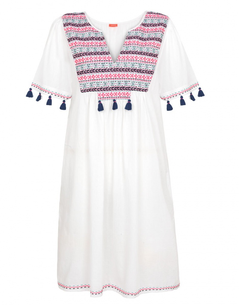 White Women's Monsoon Sunuva Boho Embroidered Dress | HOF-3583