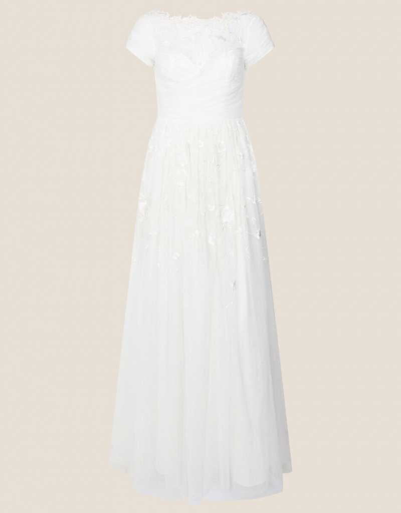 White Women's Monsoon Sylvia Embroidered Bridal in Recycled Polyester Dress | LTY-3235