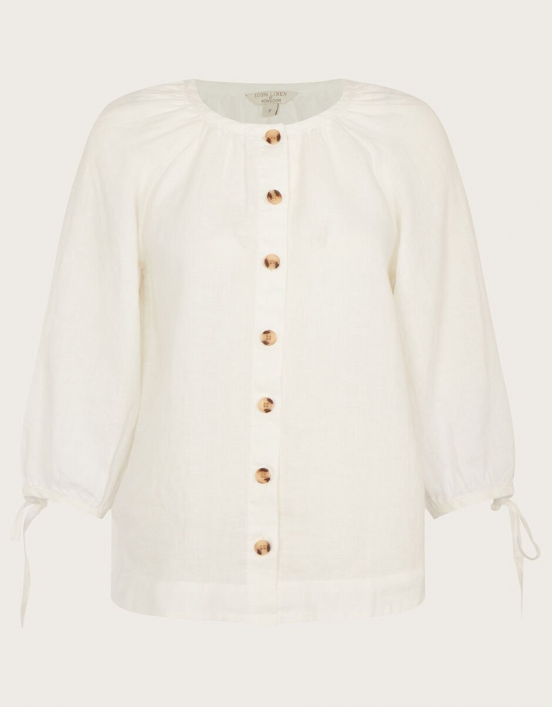 White Women's Monsoon Tie Cuff Button Through Linen Blouse | GFB-4123