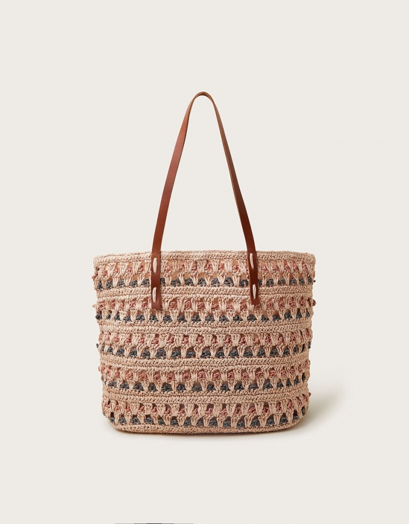 White Women's Monsoon Tonal Raffia Shopper Bags | NZT-2278