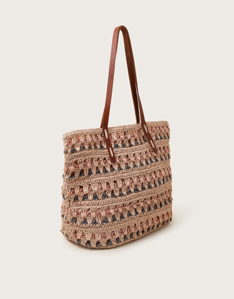 White Women's Monsoon Tonal Raffia Shopper Bags | NZT-2278