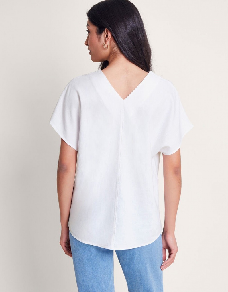 White Women's Monsoon Viola V-Neck Pintuck T-Shirt | NJU-2802