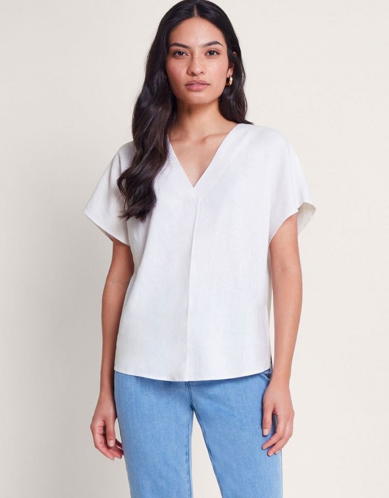 White Women's Monsoon Viola V-Neck Pintuck T-Shirt | NJU-2802