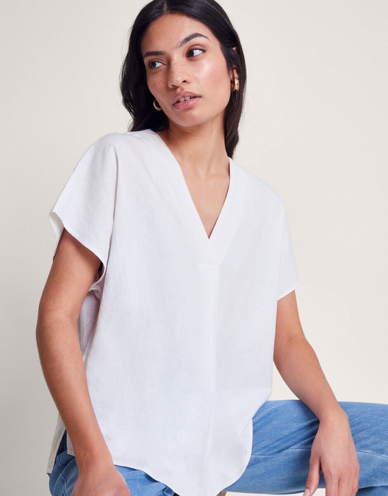 White Women's Monsoon Viola V-Neck Pintuck T-Shirt | NJU-2802