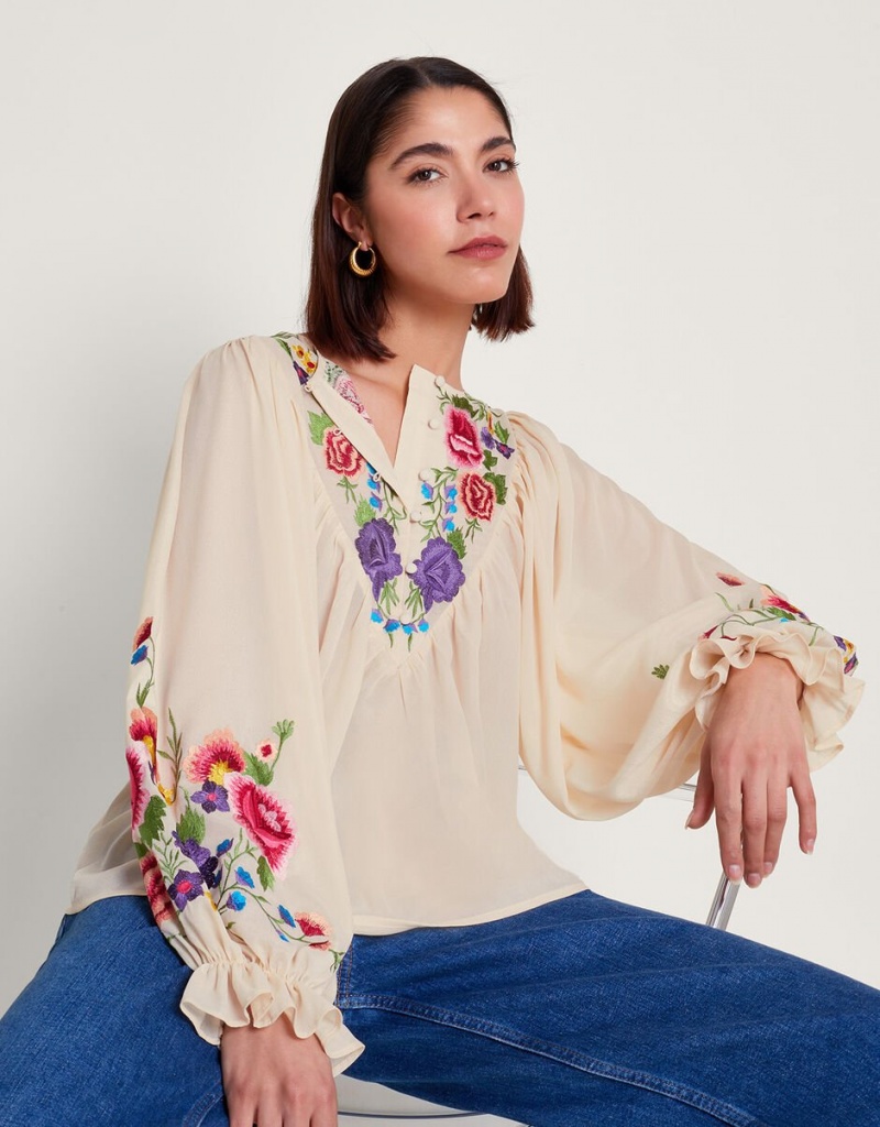 White Women's Monsoon Winny Embroidered Floral Blouse | UGS-1600