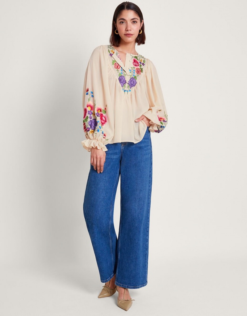 White Women's Monsoon Winny Embroidered Floral Blouse | UGS-1600