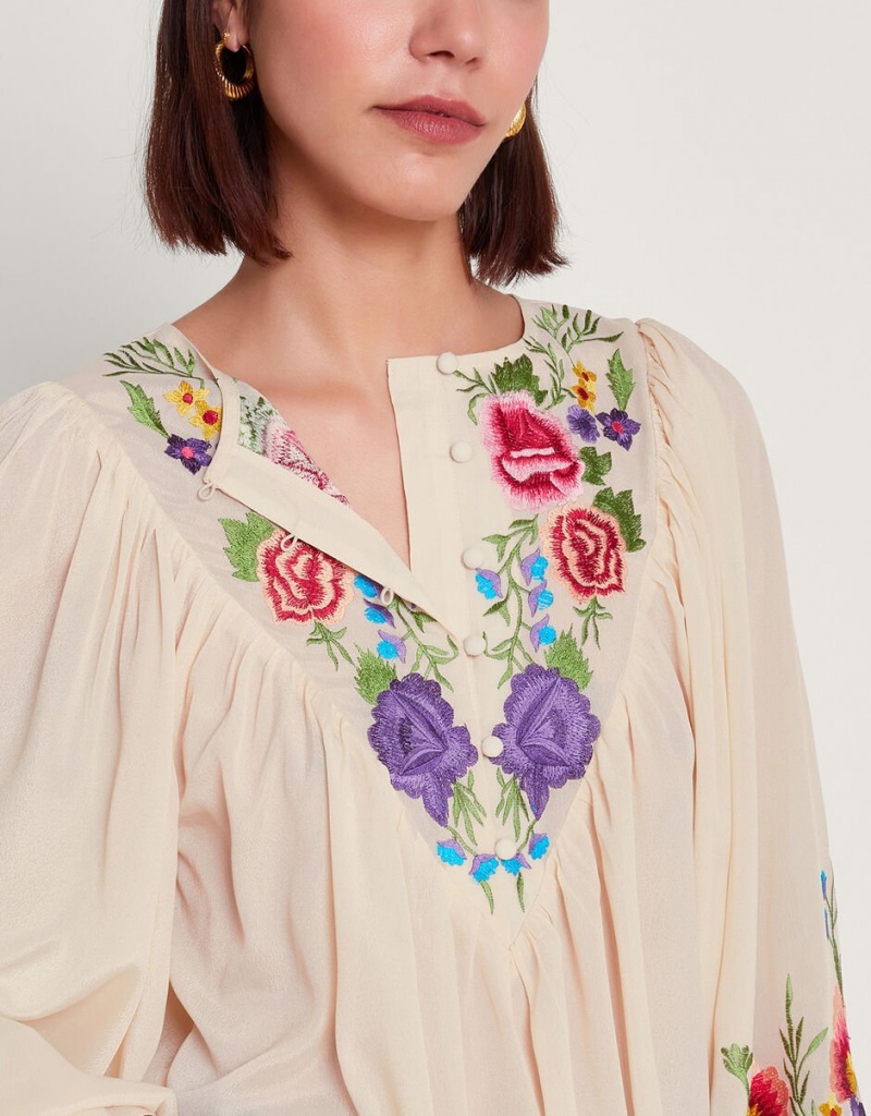 White Women's Monsoon Winny Embroidered Floral Blouse | UGS-1600