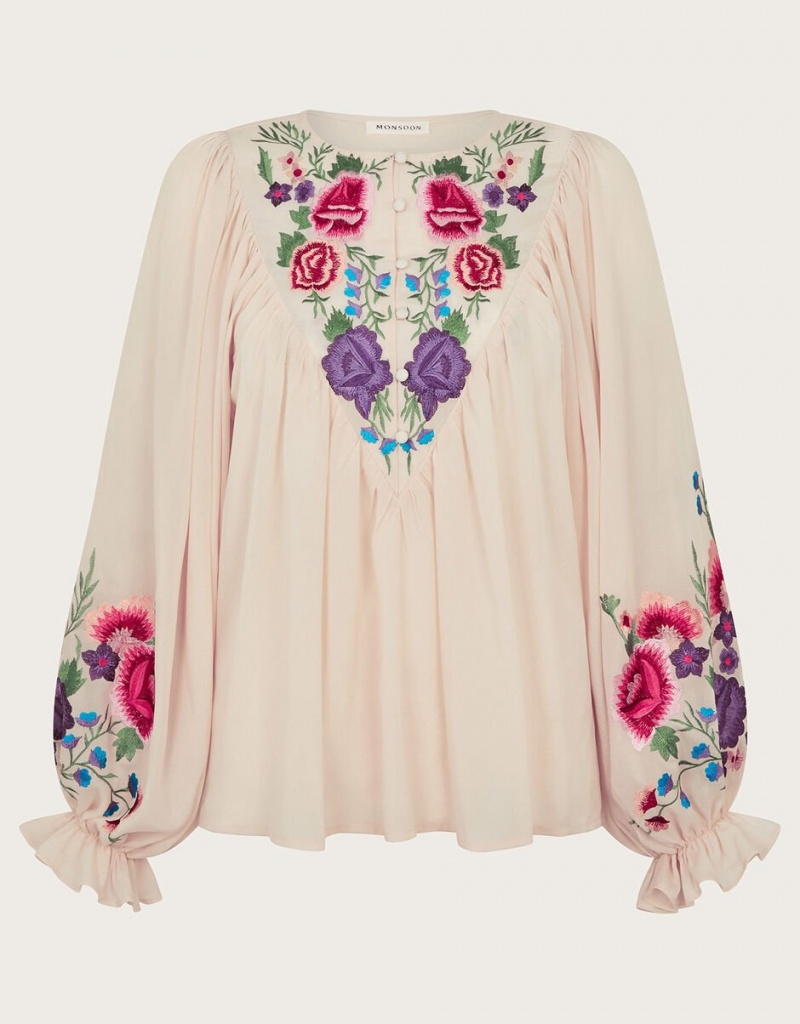 White Women's Monsoon Winny Embroidered Floral Blouse | UGS-1600