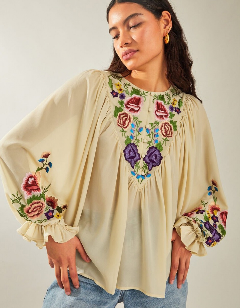 White Women\'s Monsoon Winny Embroidered Floral Blouse | UGS-1600