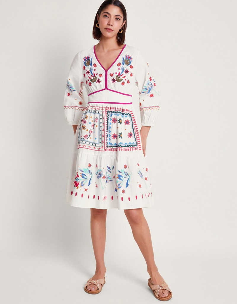 White Women's Monsoon Zinnia Embroidered Dress | TDP-9756