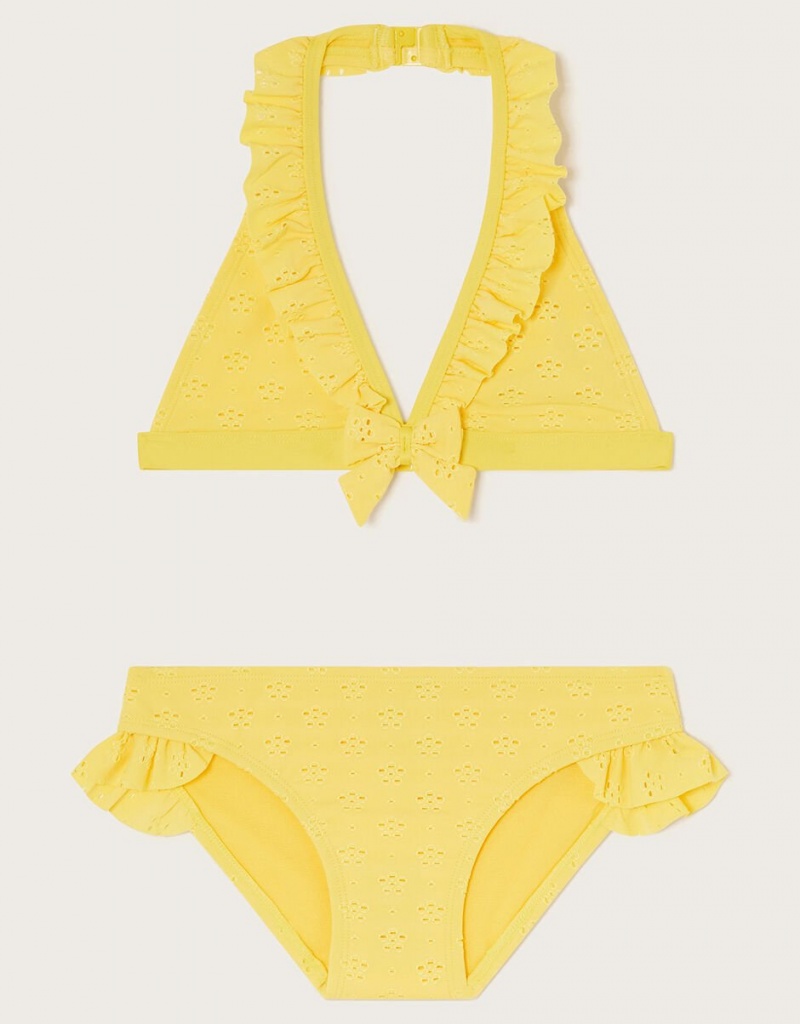 Yellow Kids\' Monsoon Broderie Triangle Bikini Set Swimwear | TER-1142