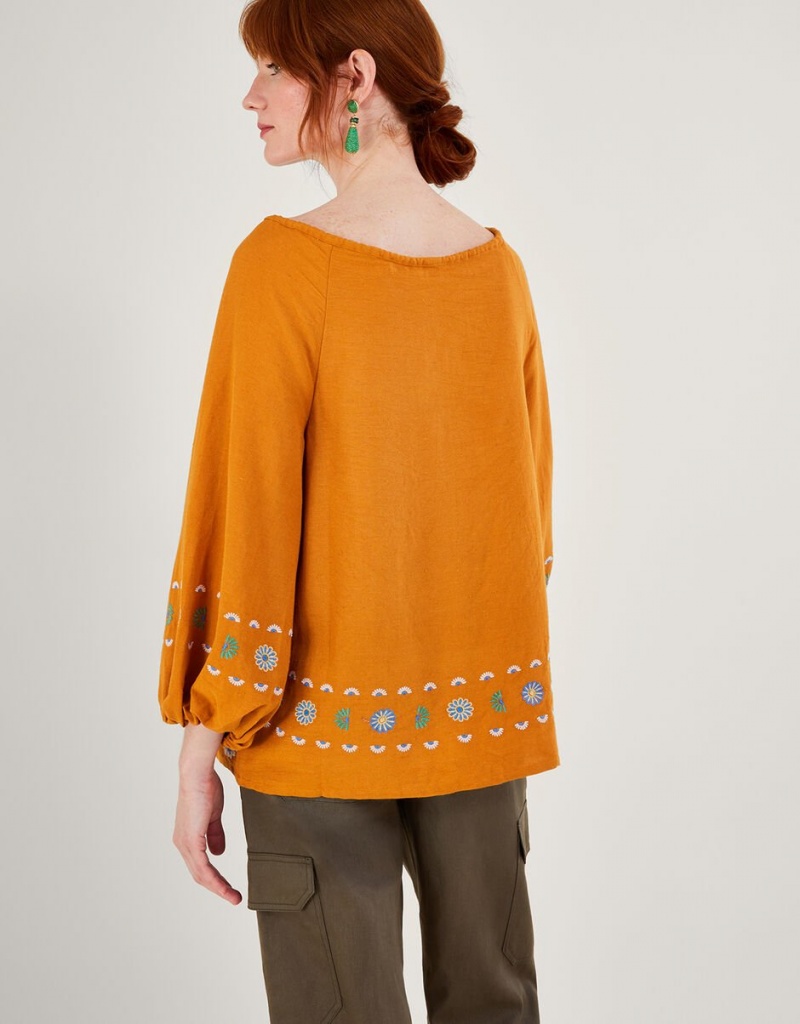 Yellow Women's Monsoon Embroidered Flower Tunic in Linen Blend Tops | CSE-6365