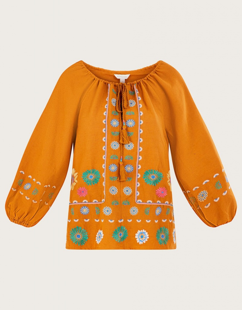 Yellow Women's Monsoon Embroidered Flower Tunic in Linen Blend Tops | CSE-6365