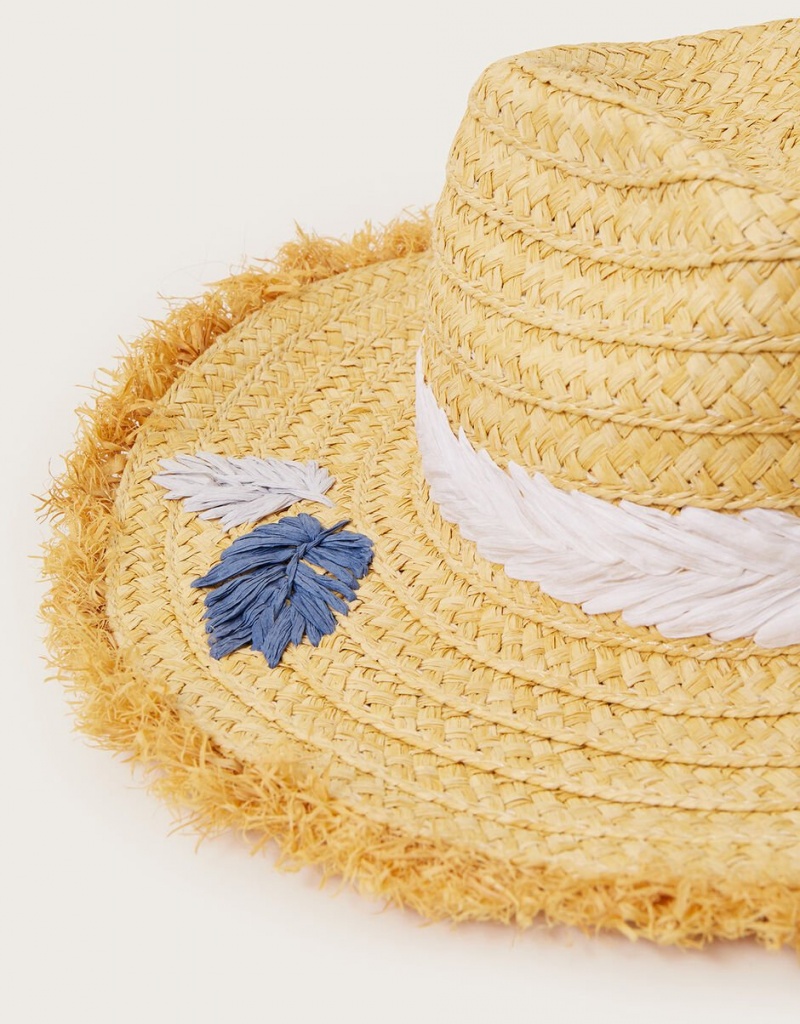 Yellow Women's Monsoon Embroidered Fringe Trim Raffia Hats | QWH-8291