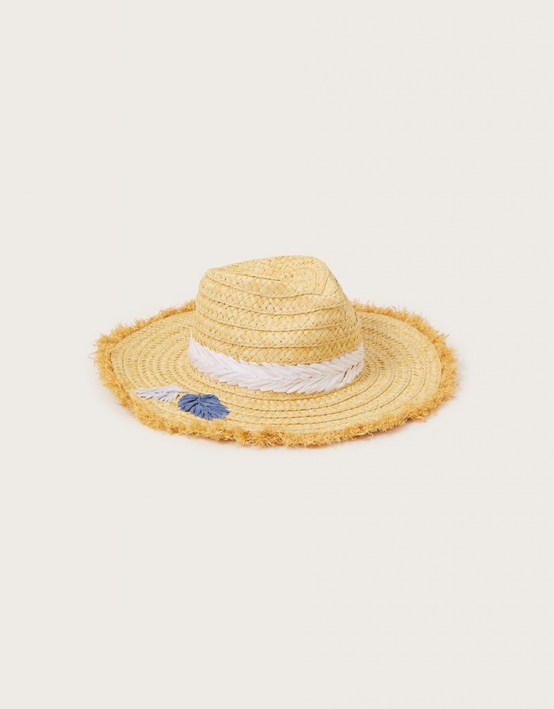 Yellow Women\'s Monsoon Embroidered Fringe Trim Raffia Hats | QWH-8291