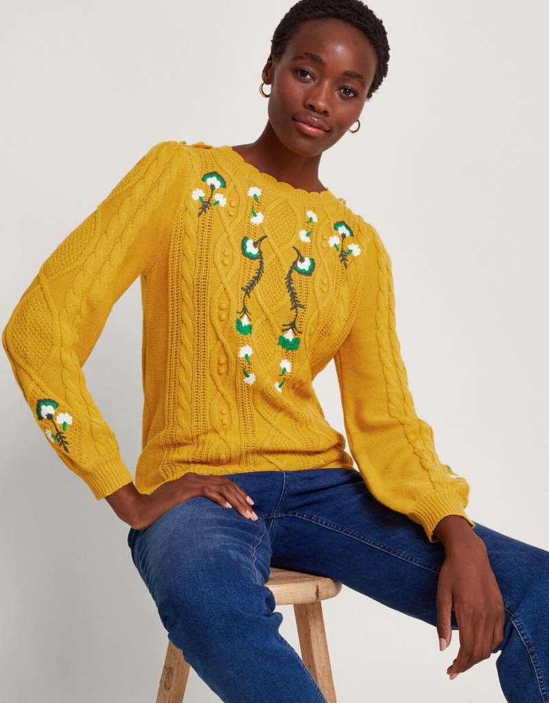 Yellow Women's Monsoon Etta Embroidered Sweaters | JFX-5721