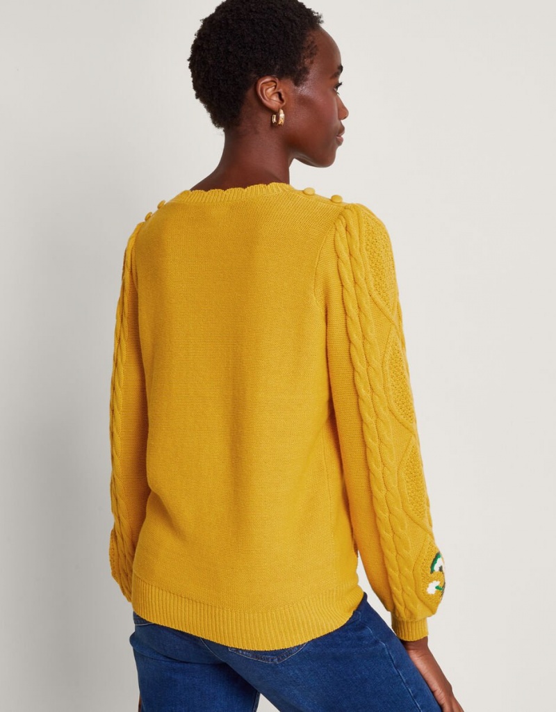 Yellow Women's Monsoon Etta Embroidered Sweaters | JFX-5721